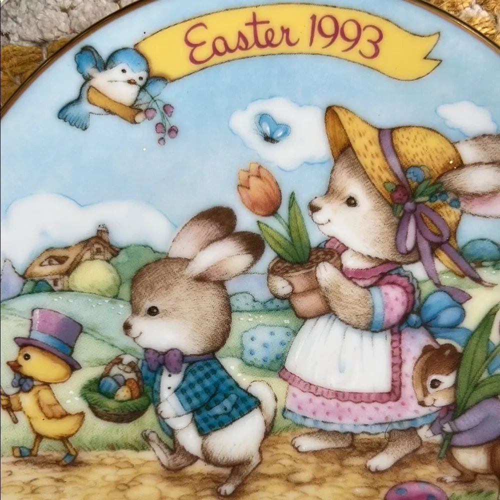 Avon Easter Collectible Plates Set 1991 1992 1993 Bunny Porcelain 22K Gold Trim